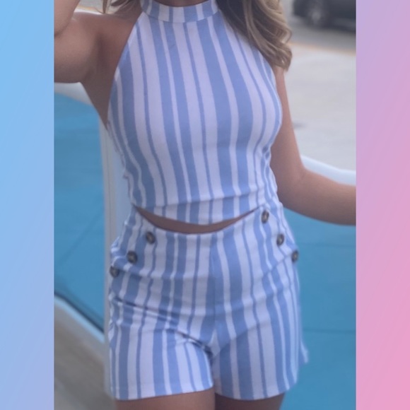 Tops - Blue and White Shirt and Shorts Set